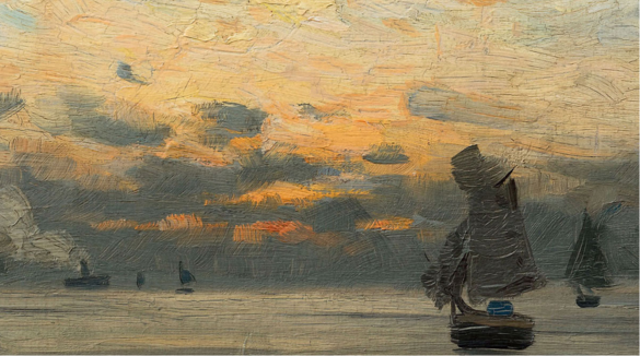 Gemälde von Eugen Dücker: &quot;Fischerboote auf ruhiger See in der Morgenröte&quot;